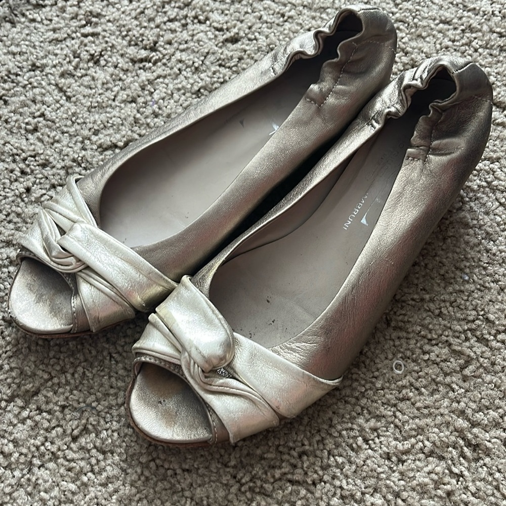 AGL Gold Metallic Low Wedges, worn